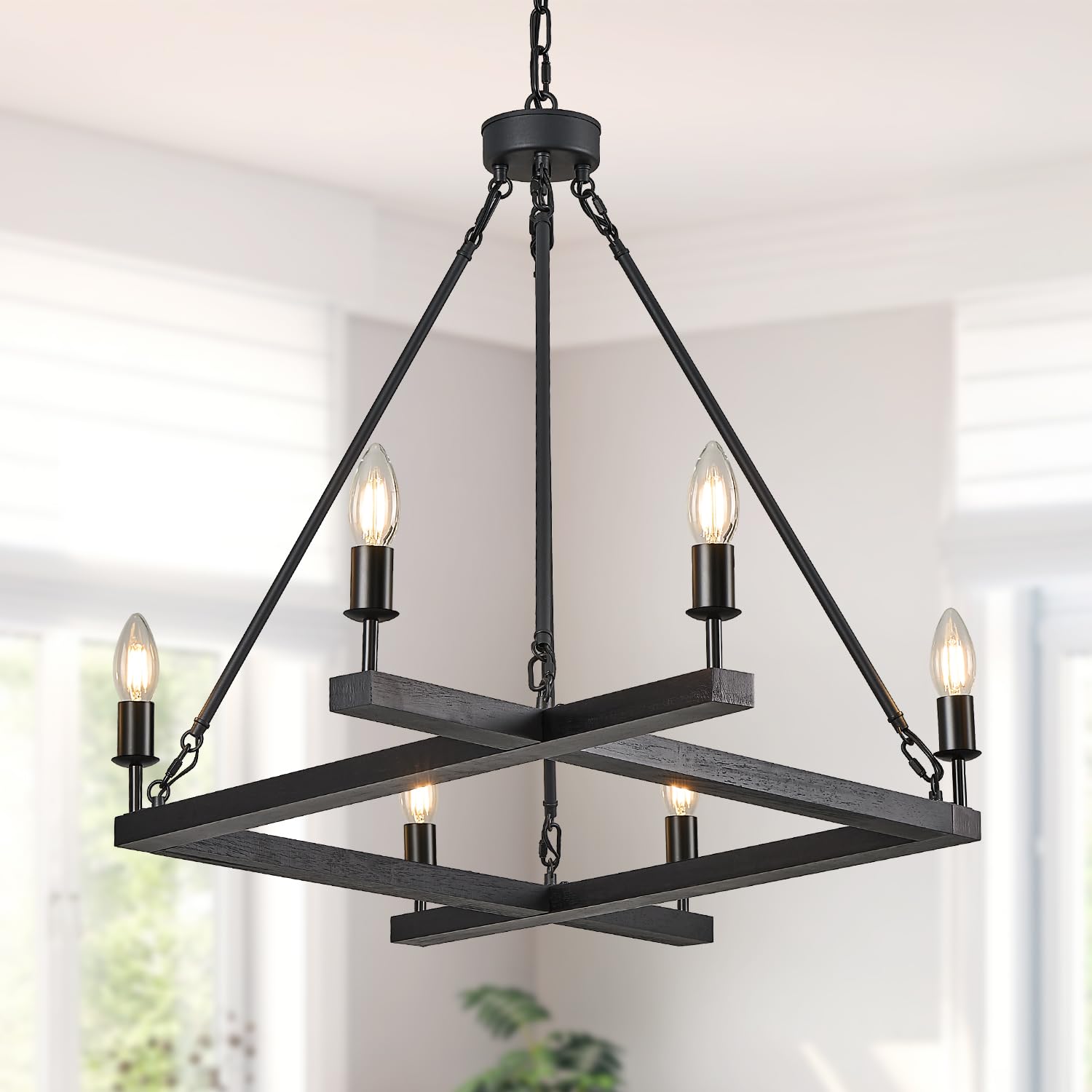 Rustic Black Farmhouse L45 Wood Chandelier Unique Square 6-Light Candle Long Ceiling Pendant Lighting for Kitchen Living Dining