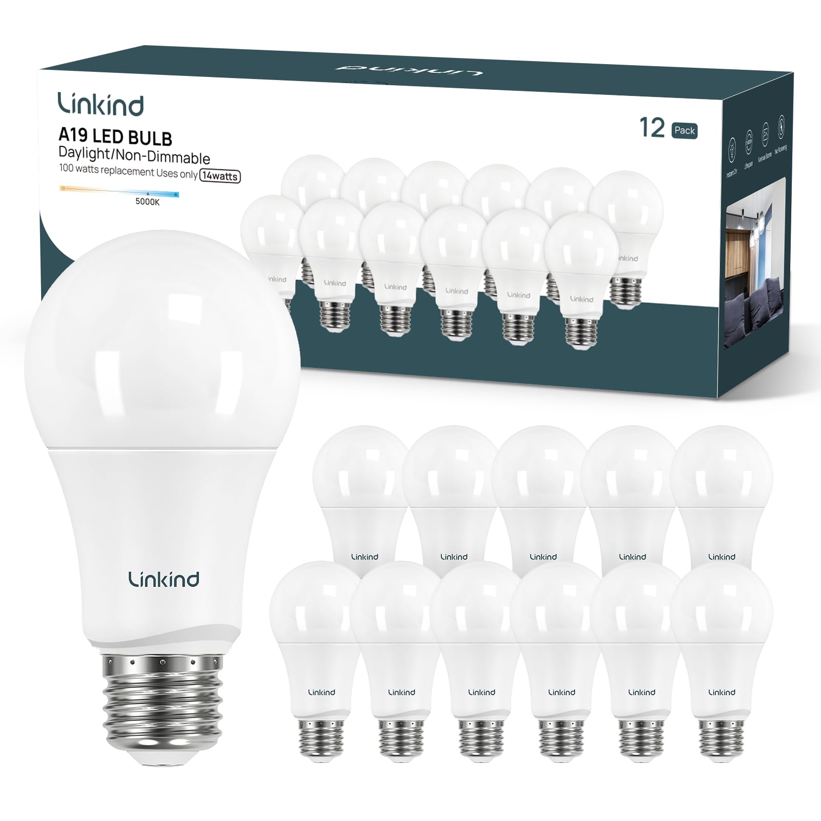 Linkind A19 LED Light Bulbs Dimmable, 60W Equivalent Light Bulbs, E26 Base, 5000K Daylight, 9.5W 840 Lumens 120V, UL Listed FCC Certified, LED Lights for Bedroom Living Room Home Office, 6 Packs main image 1