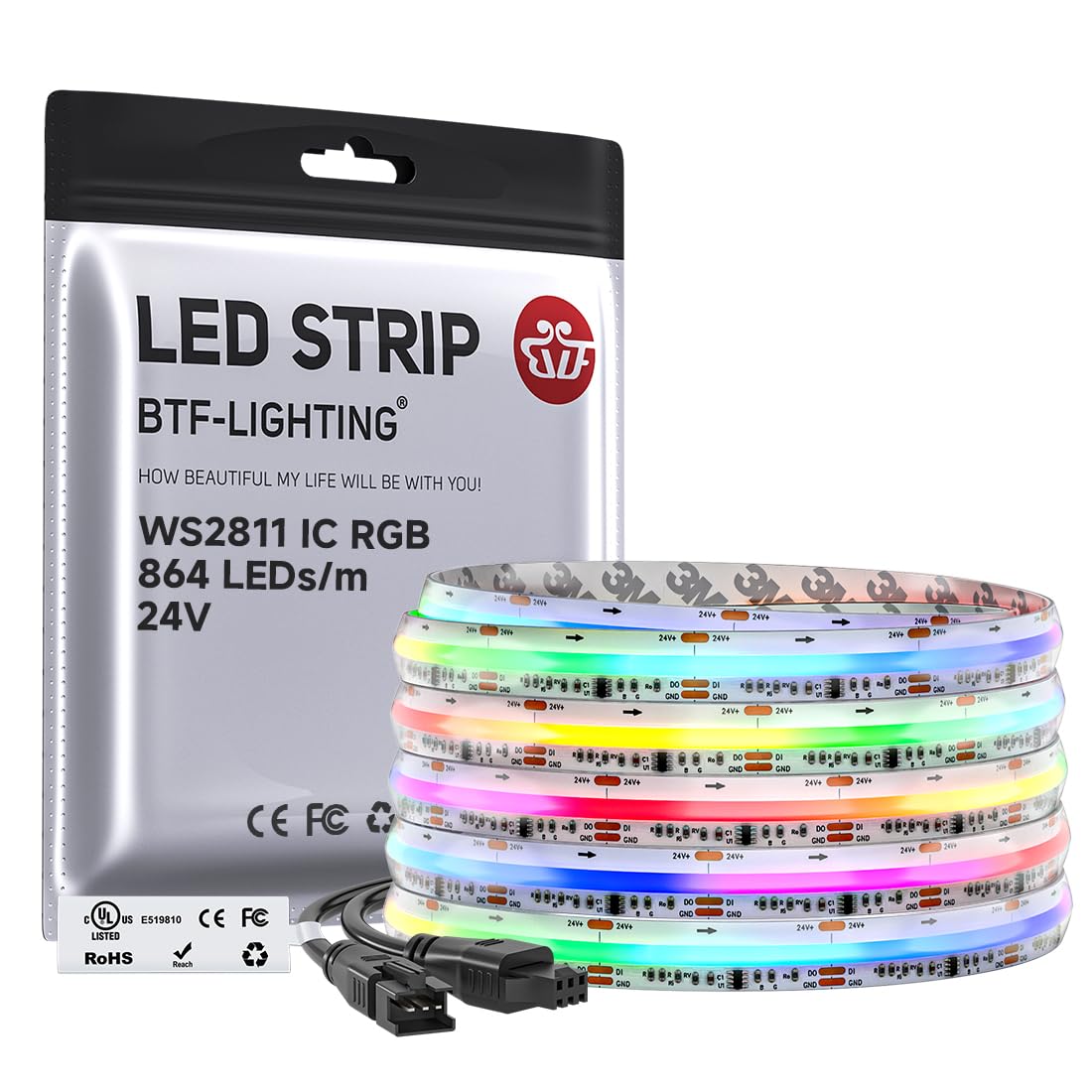BTF-LIGHTING FCOB COB RGB WS2811 IC Indirizzabile Striscia LED DC24V 5M 864LEDs/M 26W/M 12mm Bianco PCB Inseguimento Colore Flessibile Corda LED IP66 Impermeabile Per Uso Interno(Solo Striscia)