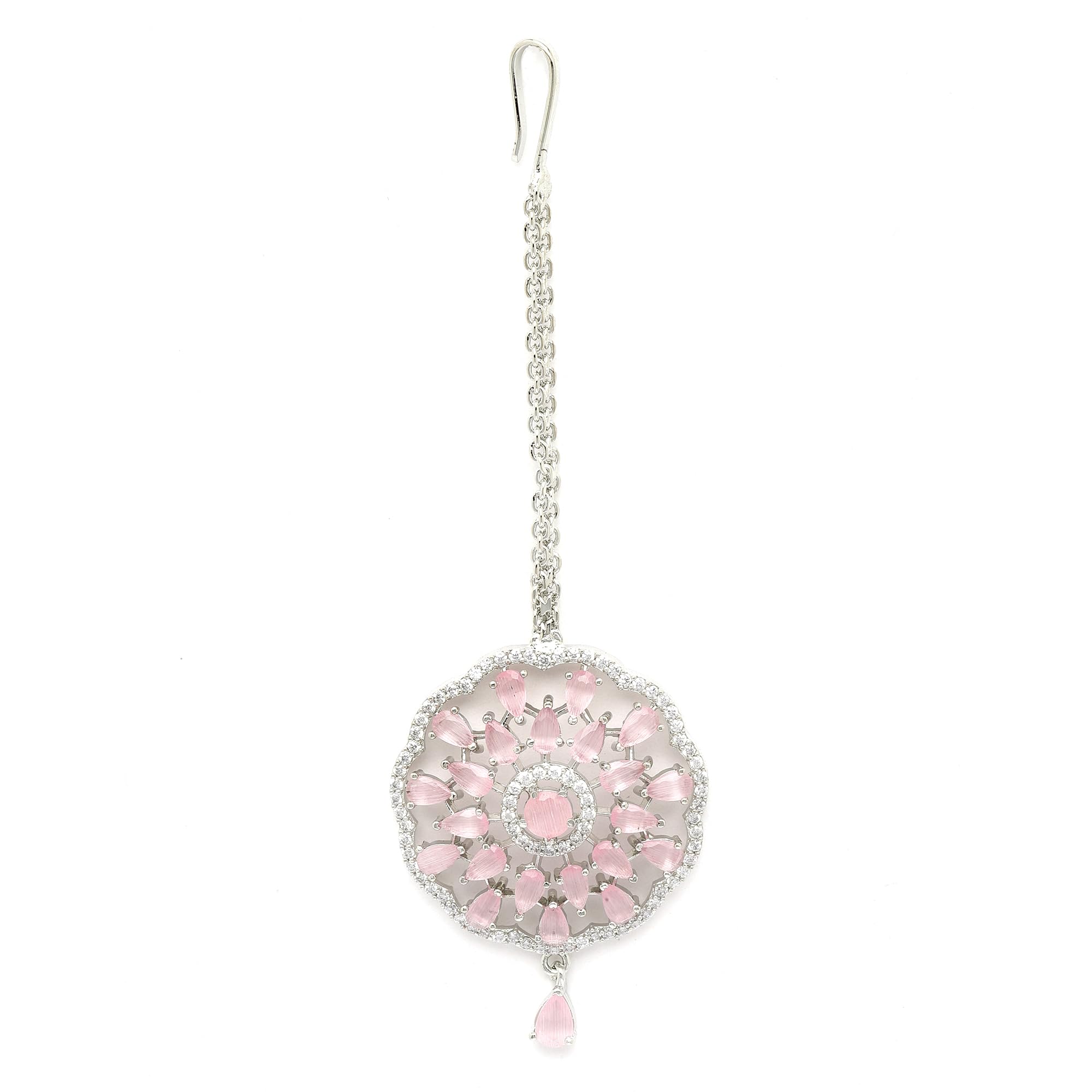 Zeneme Maang Tikka for Women Beautiful AD/American Diamond Studded Rhodium Plated Crystal Maang Tikka for Women and Girls (Silver Pink) (B0D54KL65D) Amazon Price History, Amazon Price Tracker