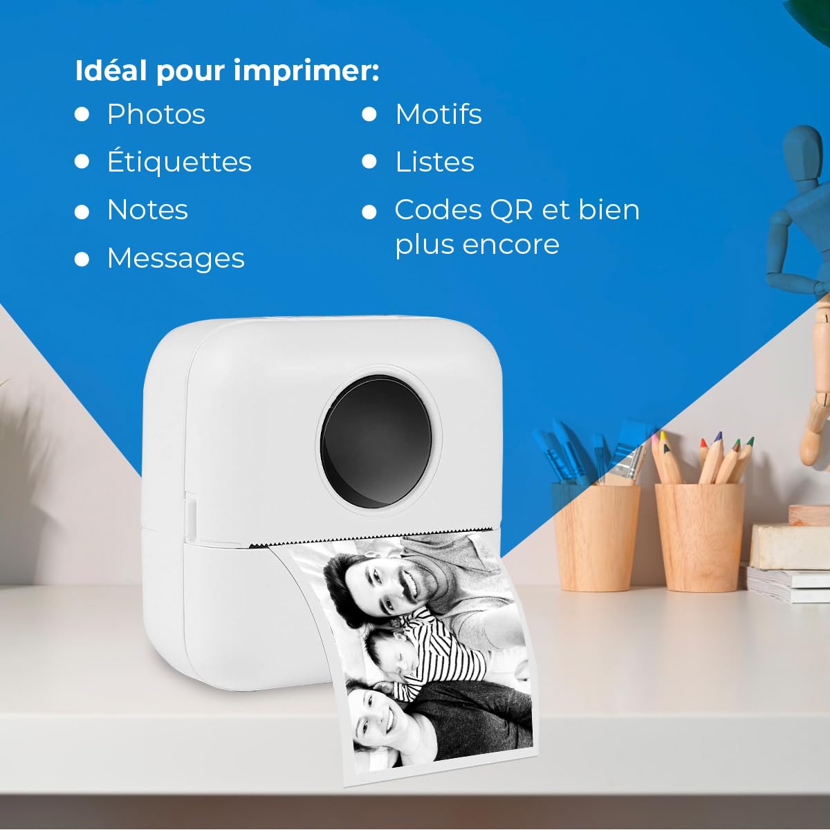 NK Imprimante Photo Portable avec 5 Rouleaux de Papier Thermique - Mini Imprimante Thermique Mobile sans Fil, Câble USB, Compatible avec iOS et Android, Blanc
