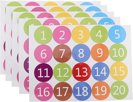 Baluue 1-20 Colorful Number Stickers 5-Sheet Waterproof Self-Adhesive Vinyl Decals Peel & Stick Labels for Classroom Seats, Office Files, Warehouse Bins