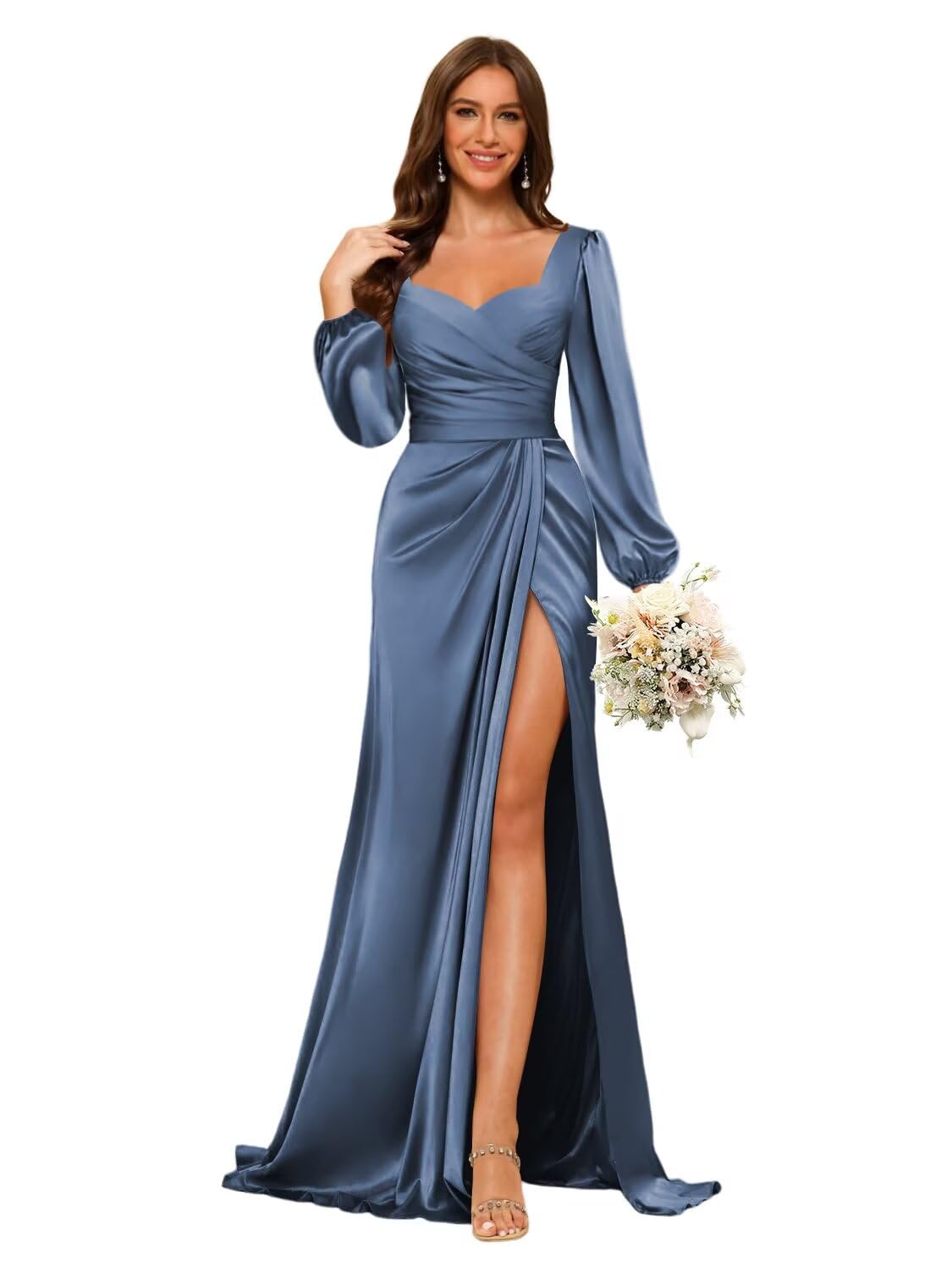 Dessiny V Neck Satin Bridesmaid Dresses for Women with Slit Lantern Sleeves Pleated Maxi Formal Evening Dress DEN007