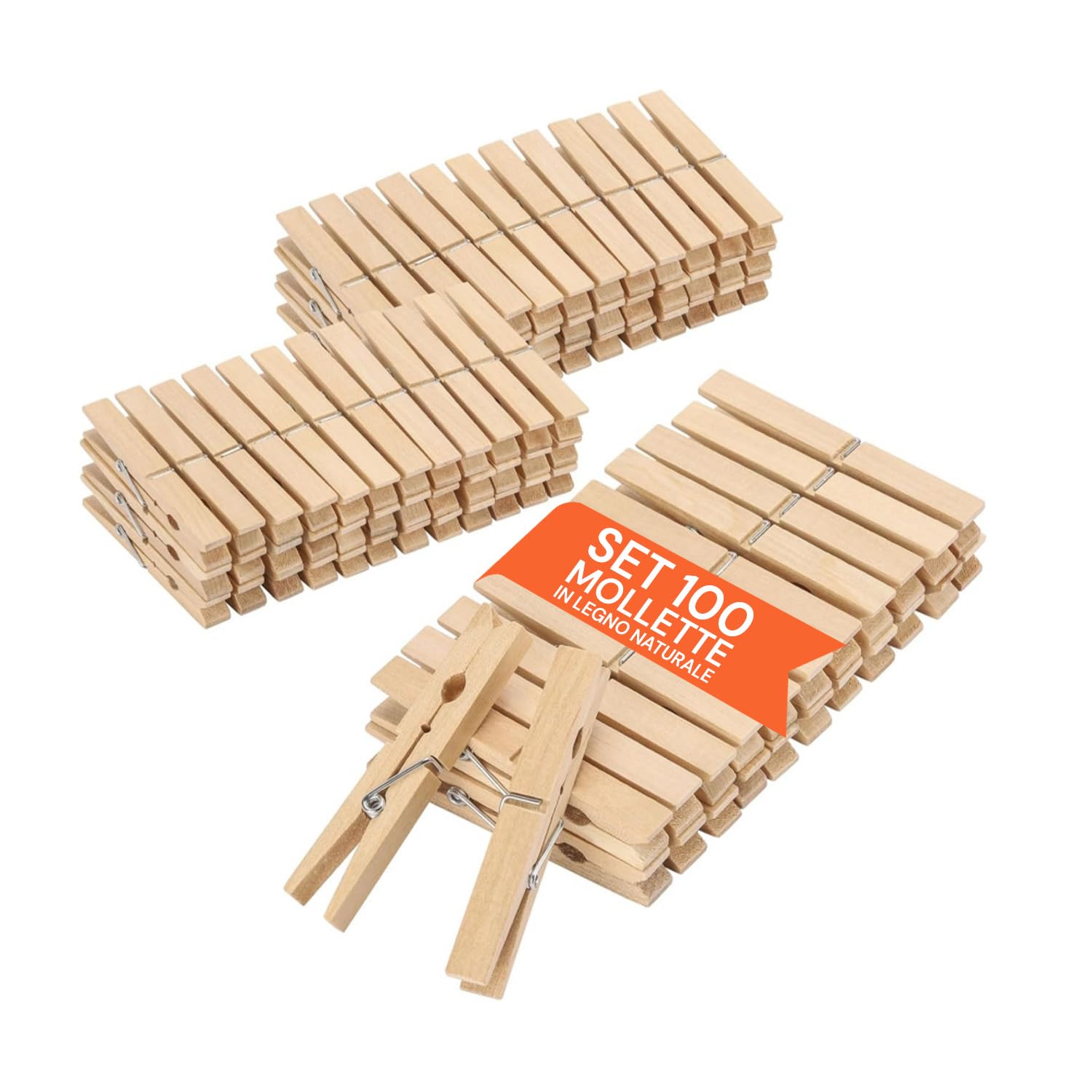 Avilia - Mollette Bucato Legno Set 100 Pezzi – Molla Acciaio Inox Anti-Ruggine | Presa Forte su Vento | Per Stendino, Filo, Decorazioni e Craft | Uso Interno ed Esterno