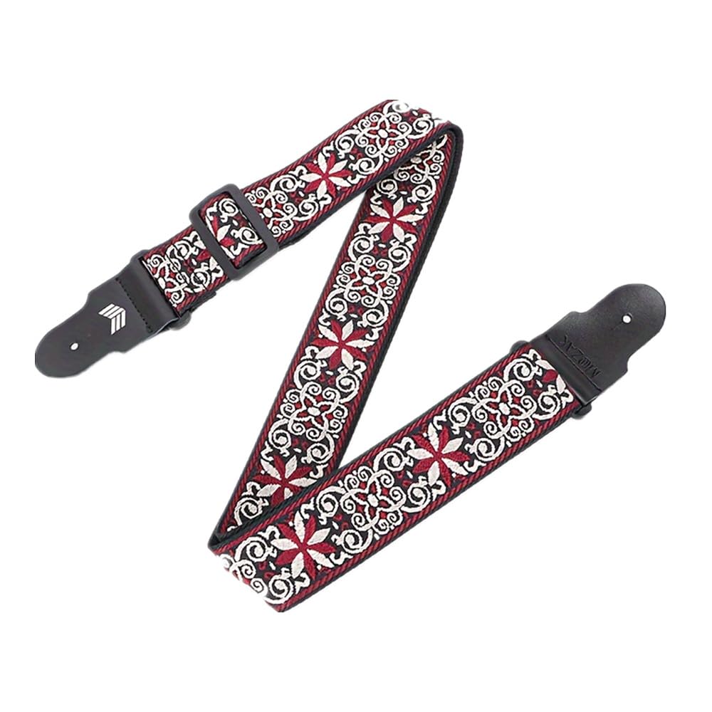 MOOZAK Vintage Embroidered Guitar Strap – Adjustable Leather Guitar Strap for Electric Guitar, Bass Guitar, Acoustic Guitar – Ideal Guitar Gift for Musicians（Red）