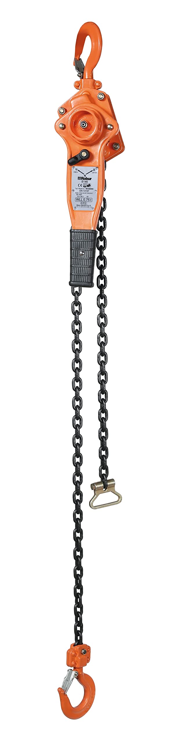 Beta 8146 WLL t 0,75 - Professioneller Hebelzug mit stabilem Haken, Hubhöhe 1,5 m und Tragkraft 750 kg, einzelne Kette von 6,5 kg