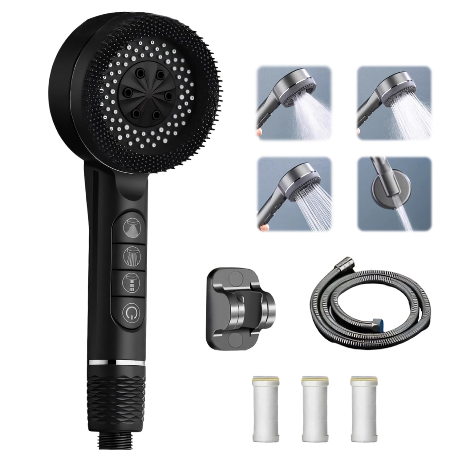 SIGANDG High Pressure Shower Heads Hard Water Filter Shower Head 4-Setting Shower Head with 1.5m Shower Hose and Shower Stand Massage Water Saving Large Shower(Black)
