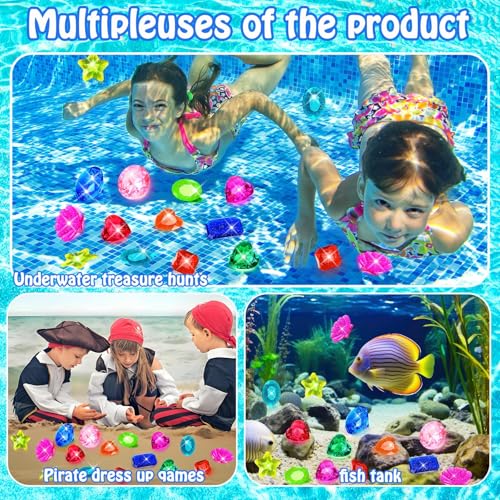 Image of MARFOREVER 16 Pcs Diving Gems Pool Toys Pirate Treasure Chest Gemstones Kid | 2x60 MM Diamond and 14 Colorful Diamond, Swimming Dive Throw Toys, Summer Underwater Swim Training Gifts Games for Boys Girls