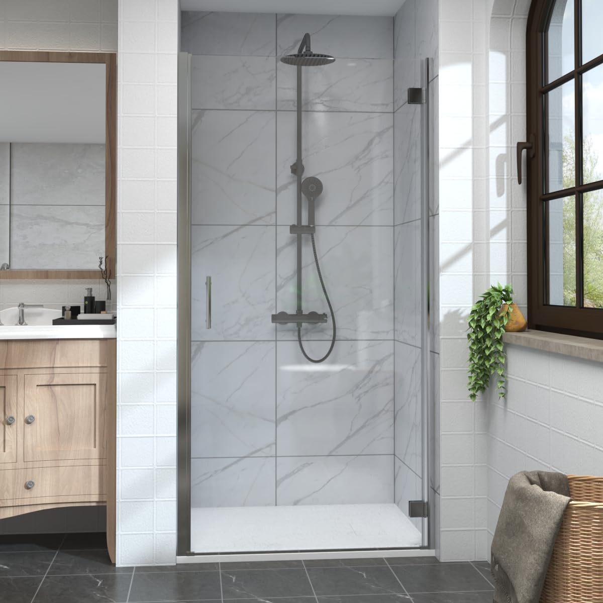 Aquariss 1000mm Hinged Shower Enclosure Door Screen for Wet Room Cubicle Chrome 6mm Toughened Safety Glass with Stainless Steel Handle