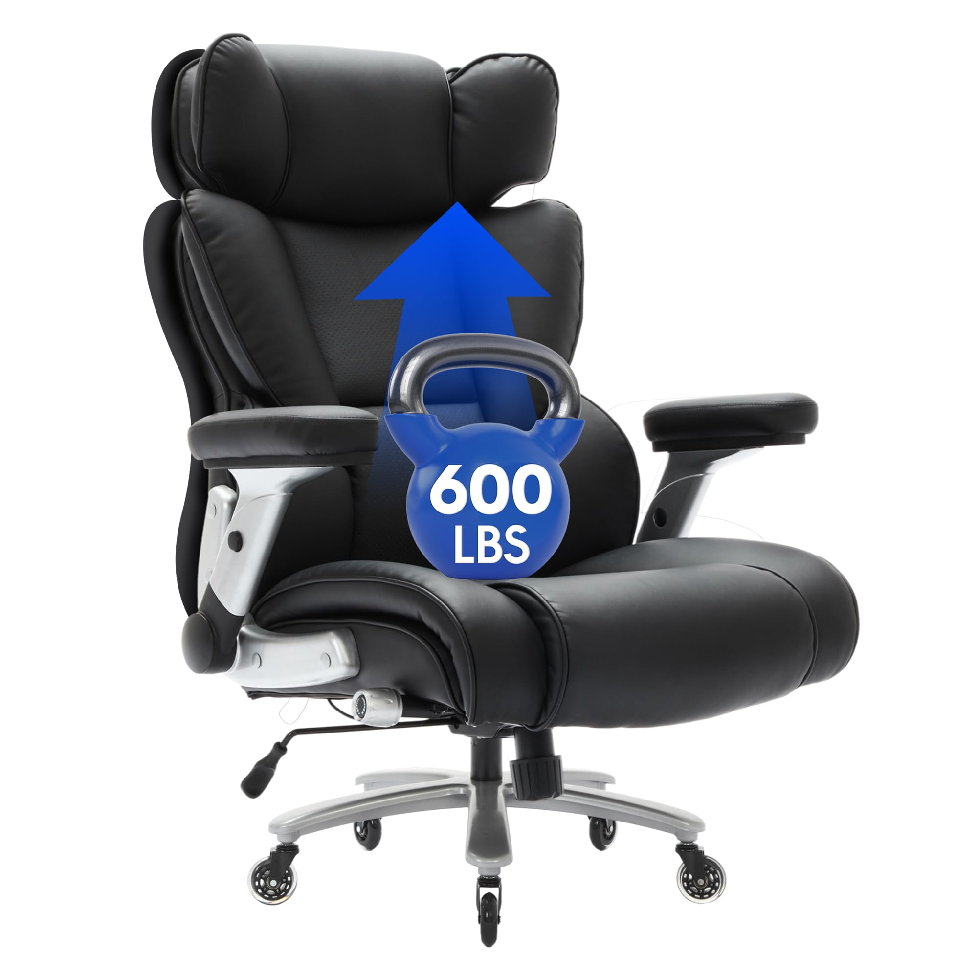 FLEXISPOT Big and Tall Office Chair with Flip Arms, 600LBS Heavy Duty Office Chair for Heavy People, Wide Plus Size Chair with Inflatable Adjustable Lumbar Support Quiet Rubber Wheels, Leather, Black