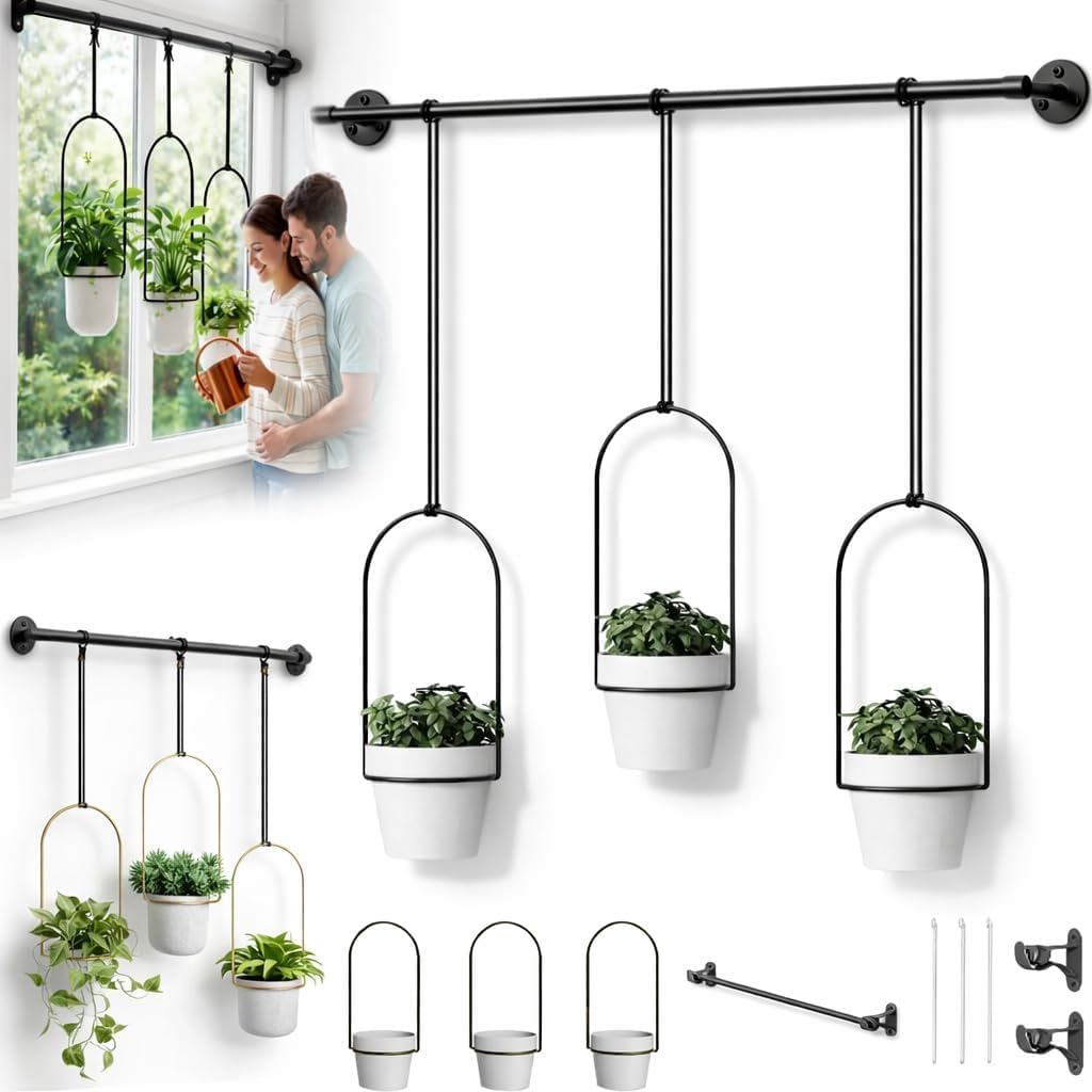 Adjustable Hanging Window Planter Set – Metal Rod Plant Hanger with 3 Pots for Indoor & Outdoor Green Display, Window Plant Holder for for Garden, Home, Space-Saving Hanging Planters (White)