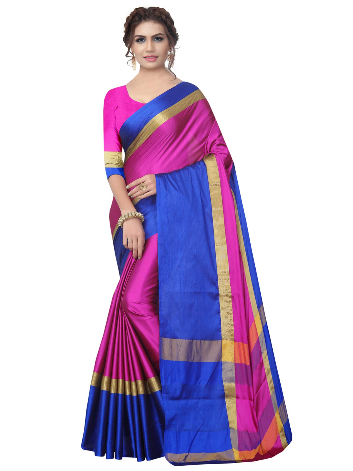 Satrani Art Silk With Blouse Piece Saree (787St1053_Pink, Blue_One Size)