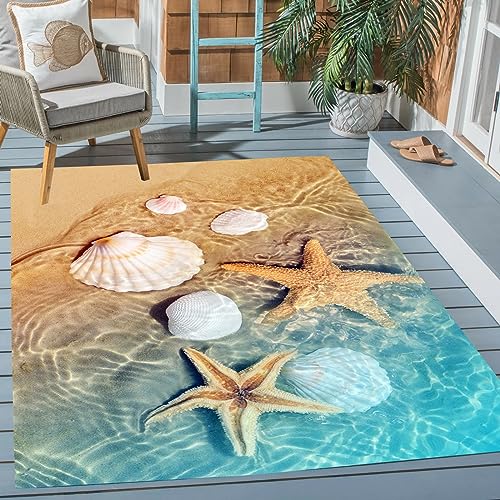 Teal Beige 3D Coastal Ocean Beach Theme Indoor Outdoor Area Rug 5'x7' No-Slip Reversible Rug for Patio Deck Backyard Balcony Living Dining Room Floor Carpet Mat