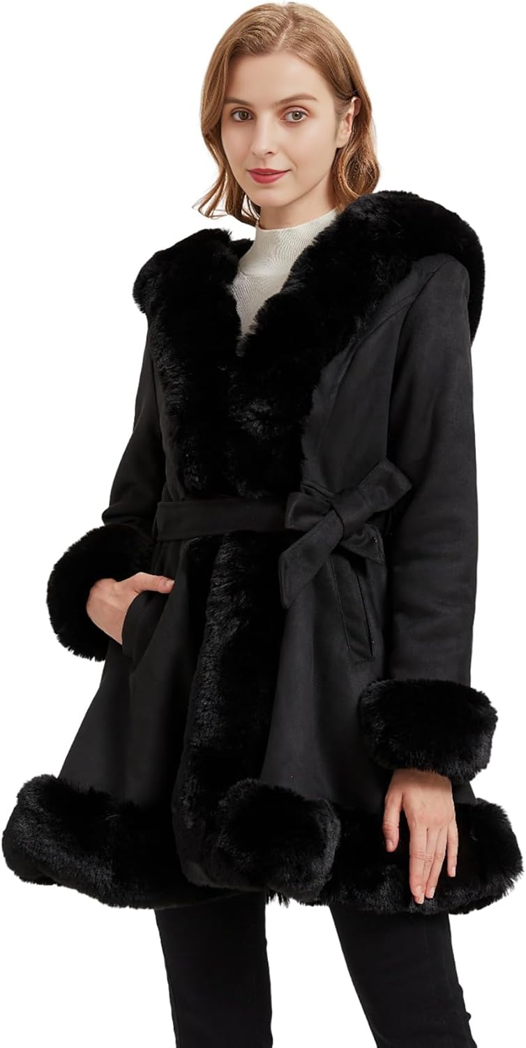 GRAN ORIENTE Suede Jacket for Women with Faux Fur Collar,Long Sleeve Warm Winter Parka Coat with Belt Outerwear - Image 2