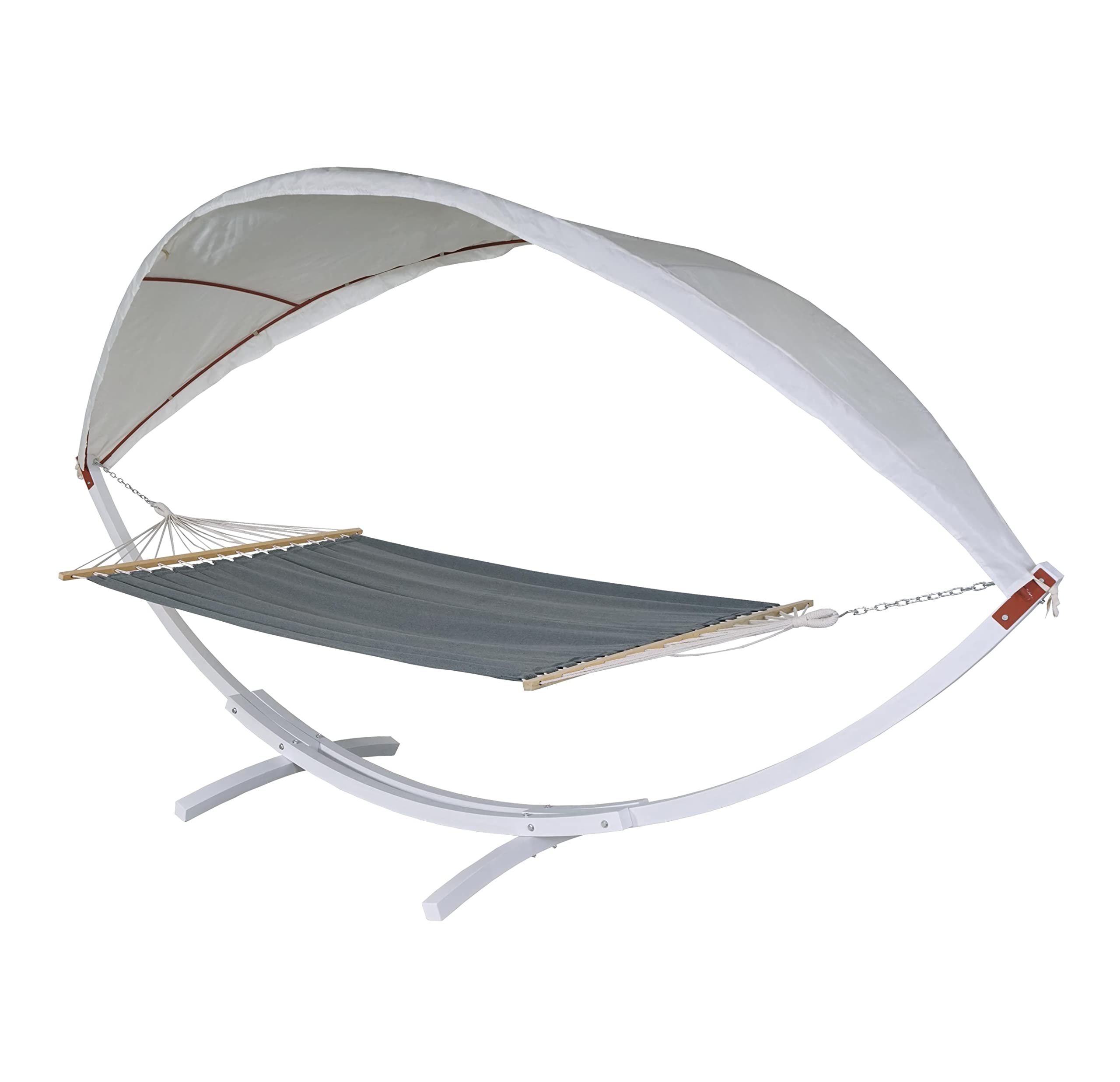 Hamak HWC-J47, huśtawka wisząca do 200 kg, dach przeciwsłoneczny MVG, drewniana rama 420 cm, dla 2 osób, biały, szary