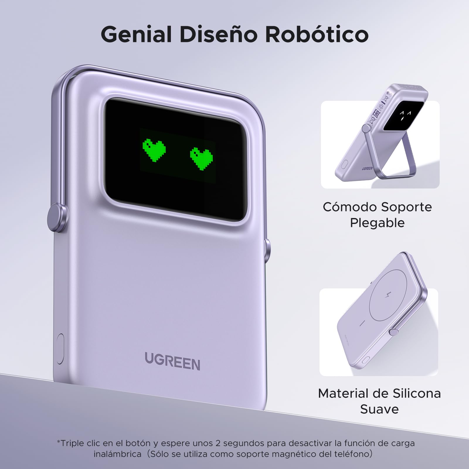 UGREEN Uno Power Bank Magnético 5000mAh, Cargador Portátil PD 20W, Batería Externa Inalámbrica con Pantalla y Soporte, Compatible con iPhone 16/15/14/13/12 Mini Plus Pro MAX (Púrpura)