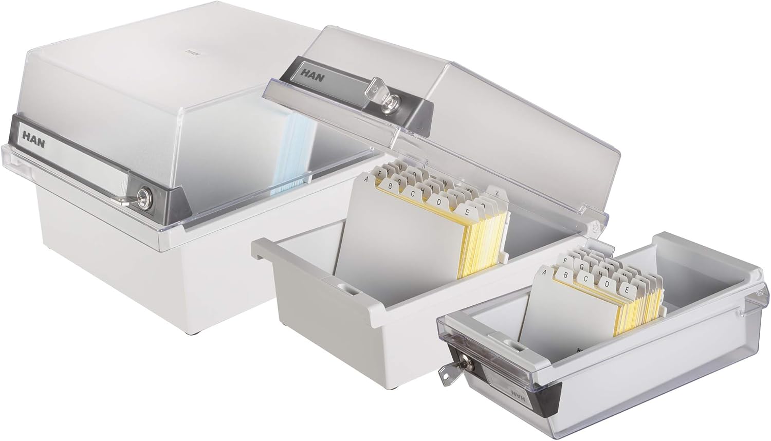 HAN 966-S-631, Card filing box Special Edition A6 landscape. Innovative, attractive design holds 800 cards with lock, readjustable lid supplied with large inscription label, light-grey-translucent