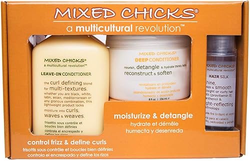 Mixed Chicks Quad Pack - Champú 10 fl. oz., Acondicionador profundo, 8.0 fl. oz., Acondicionador sin enjuague, 10 fl. oz., Seda para el cabello, 1.7