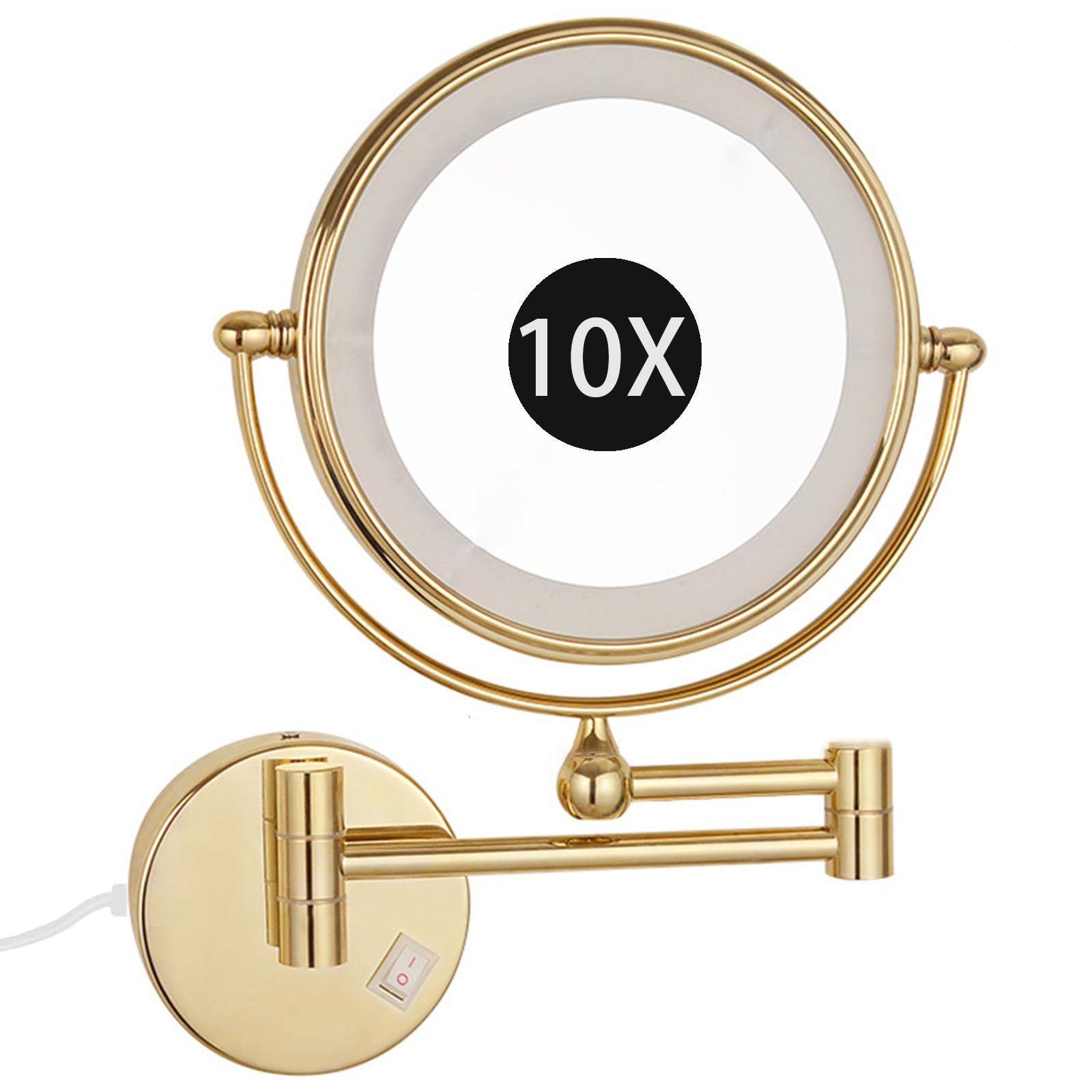 8" montowane na ścianie podświetlane lustro do makijażu, dwustronne LED 1X/10X powiększające, rozkładane 360° lustro toaletkowe do golenia w łazience,Gold,Plug in