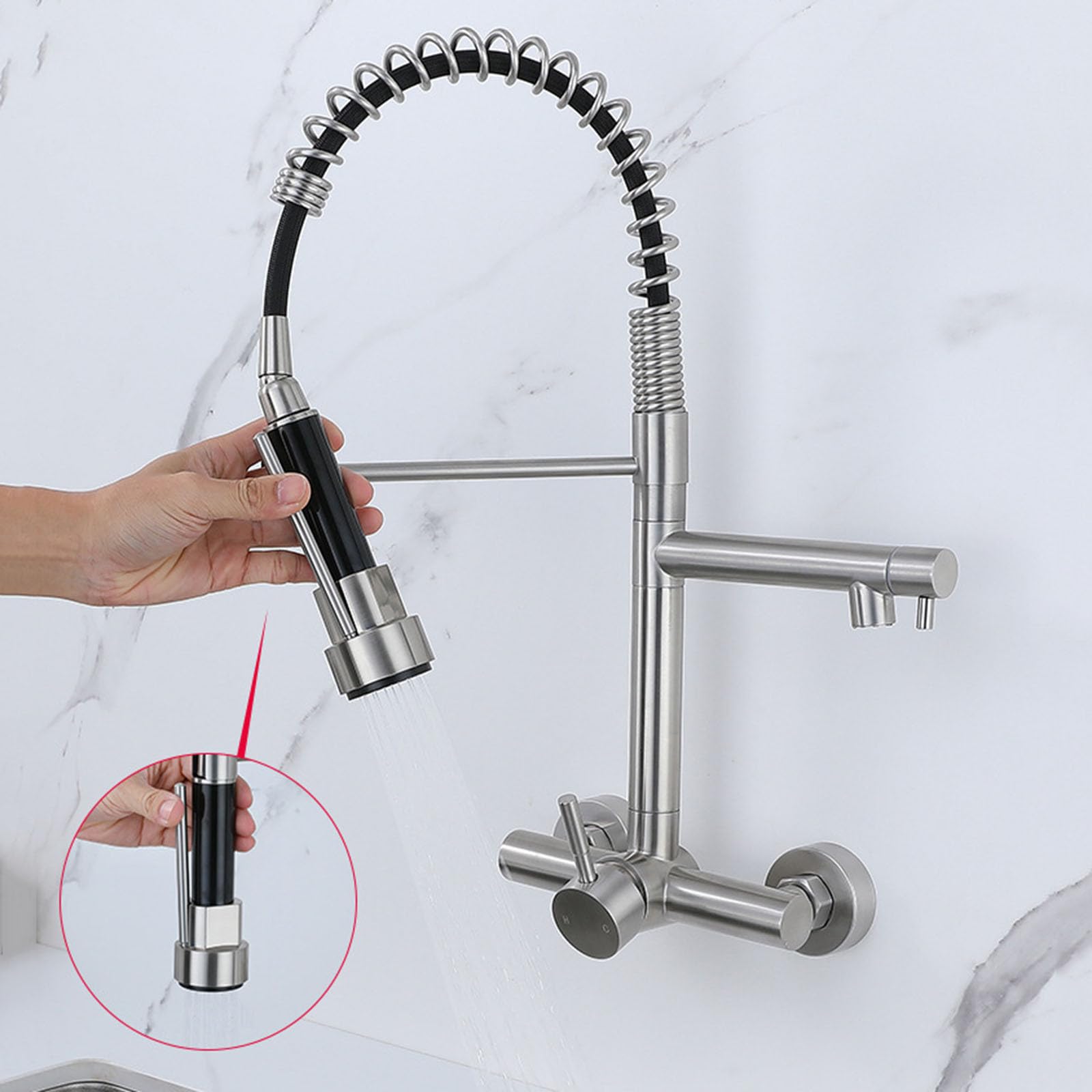 Grifo Cocina Extraible Muelle Grifo Fregadero de Pared Monomando de 15 cm de Acero Inoxidable,Cepillado