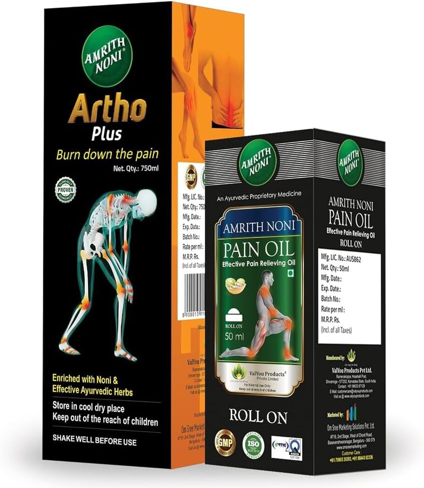 Artho Plus 750 ml + Pain Oil Roll‑On 50 ml Combo – Ayurvedic Joint & Muscle Relief with Noni, Turmeric, Boswellia & Herbal Roll-On for Fast Action