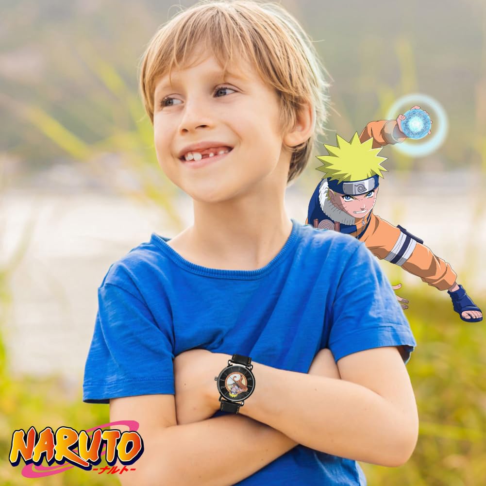 Accutime Naruto Kids Leather Watch - Analog Timepiece with Naruto Uzumaki Character, Durable PU Leather Strap, Collectible Case Included, Ideal for Anime Fans and Children