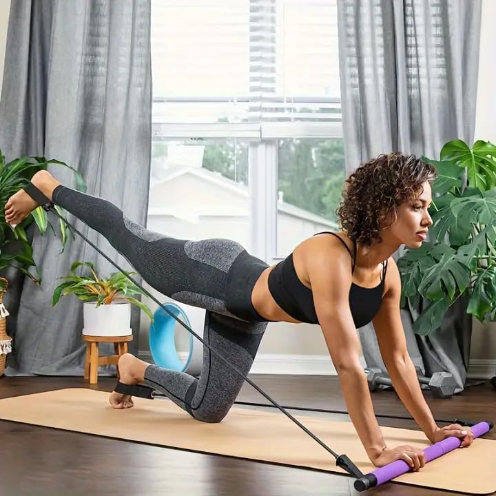 Spirahomes Pilates Bar Kit with Resistance Band for Women Men,Portable Exercise Stick with Foot Loop for Yoga, Stretch, Sculpt, Twisting, Sit-Up, Multicolour,Pack of 1
