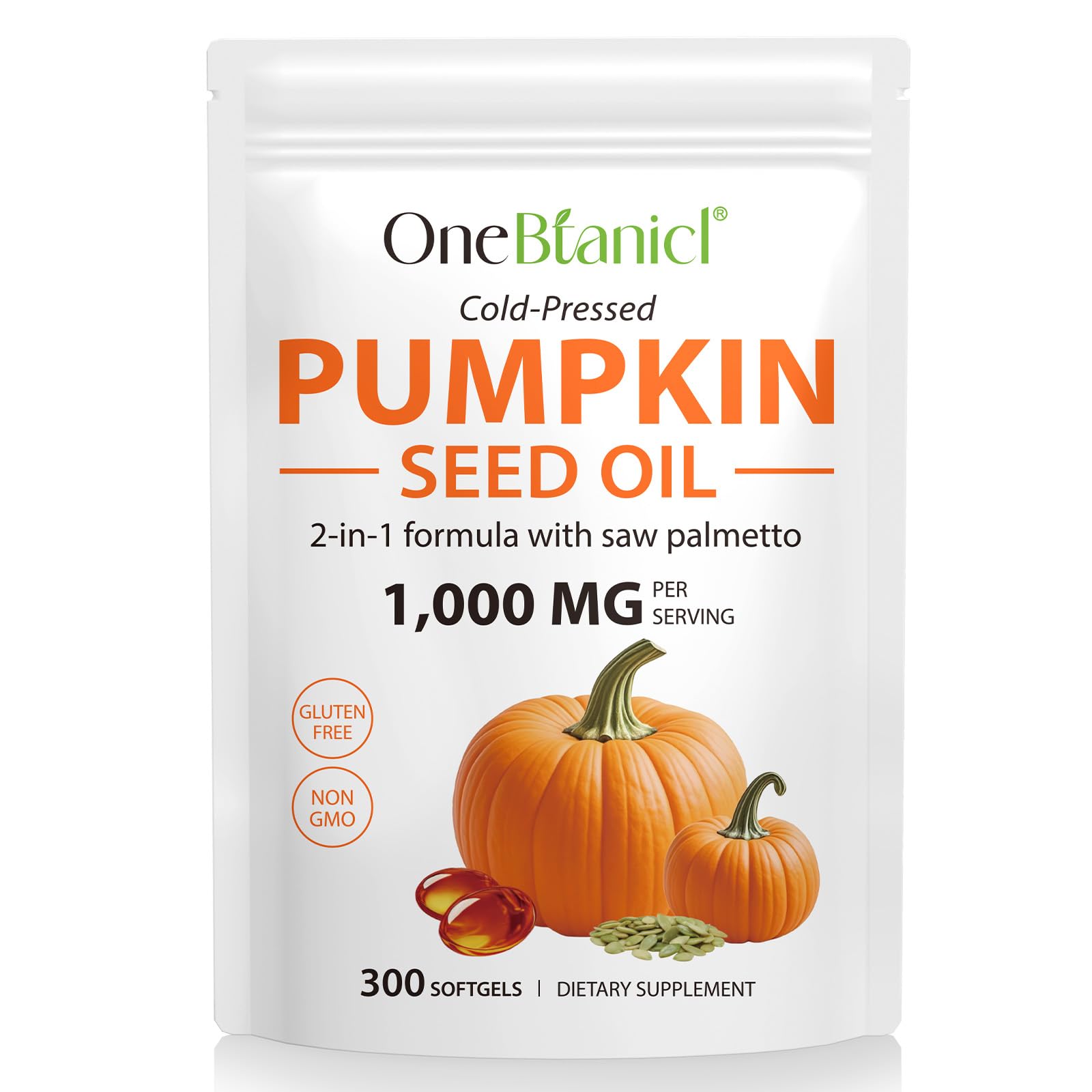 Pumpkin Seeds Oil Capsules 300PCS, 1000mg Cold-Press Pumpkin Seeds Oil, Support Healthy Hair, Urinary System Health, Essential Fatty Acids, 100% Additives Free, GMP Certified