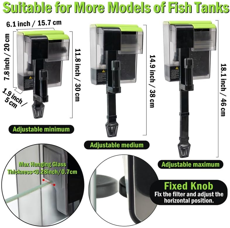 Miniatura 2 de MALLMALL6 Filtro de acuario con luz U-V, carbón activado silencioso para colgar en la parte posterior, filtración de agua para tanque de peces con 2