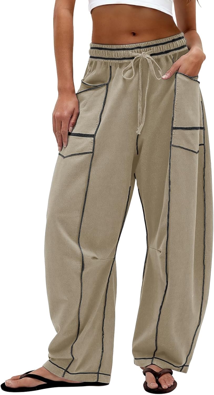 Dokuritu Barrel Sweatpants Women Casual Drawstring Elastic Waist Wide Leg Sweatpant with Pockets Lounge Baggy Pants