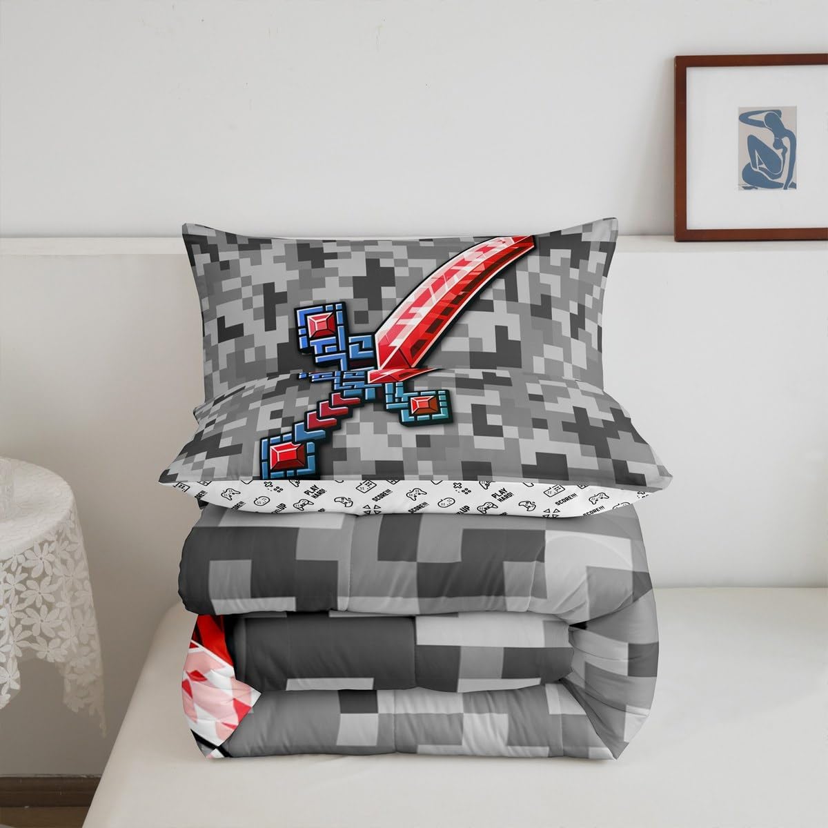 Castle Fairy Red Blue Sword Comforter Set Queen Size,Geometric Grey Grid Bedding Set 3Pcs for Kids Teens Adults Room Decor,Miner Theme Duvet Insert Pixel Video Games Quilted Duvet Sets,2 Pillowcases