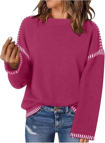 Women's Crewneck Knit Sweater Fall Casual Long Sleeve Contrast Ribbed Knit Pullover Jumper Tops Oversized Outfit (Rose Red,Medium)