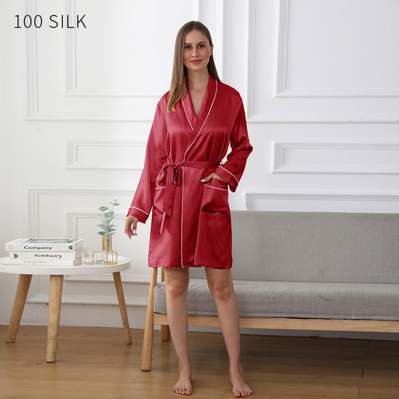 Damen Seide Nachthemden,19 Mama Sexy Satin Nacht Bademäntel Damen Satin Nachthemd,Burgundy,L