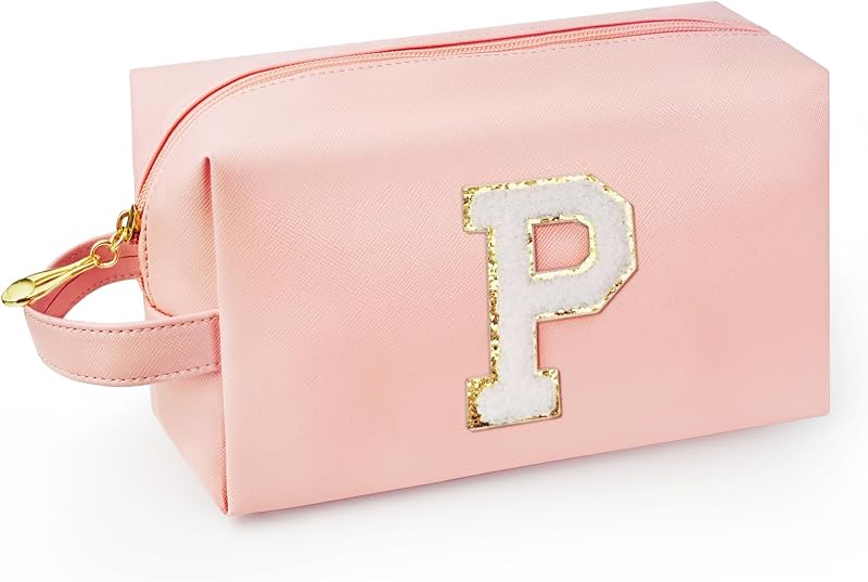 Necessaire de maquiagem WEMVP com alça, bolso interno com zíper e inicial P, rosa