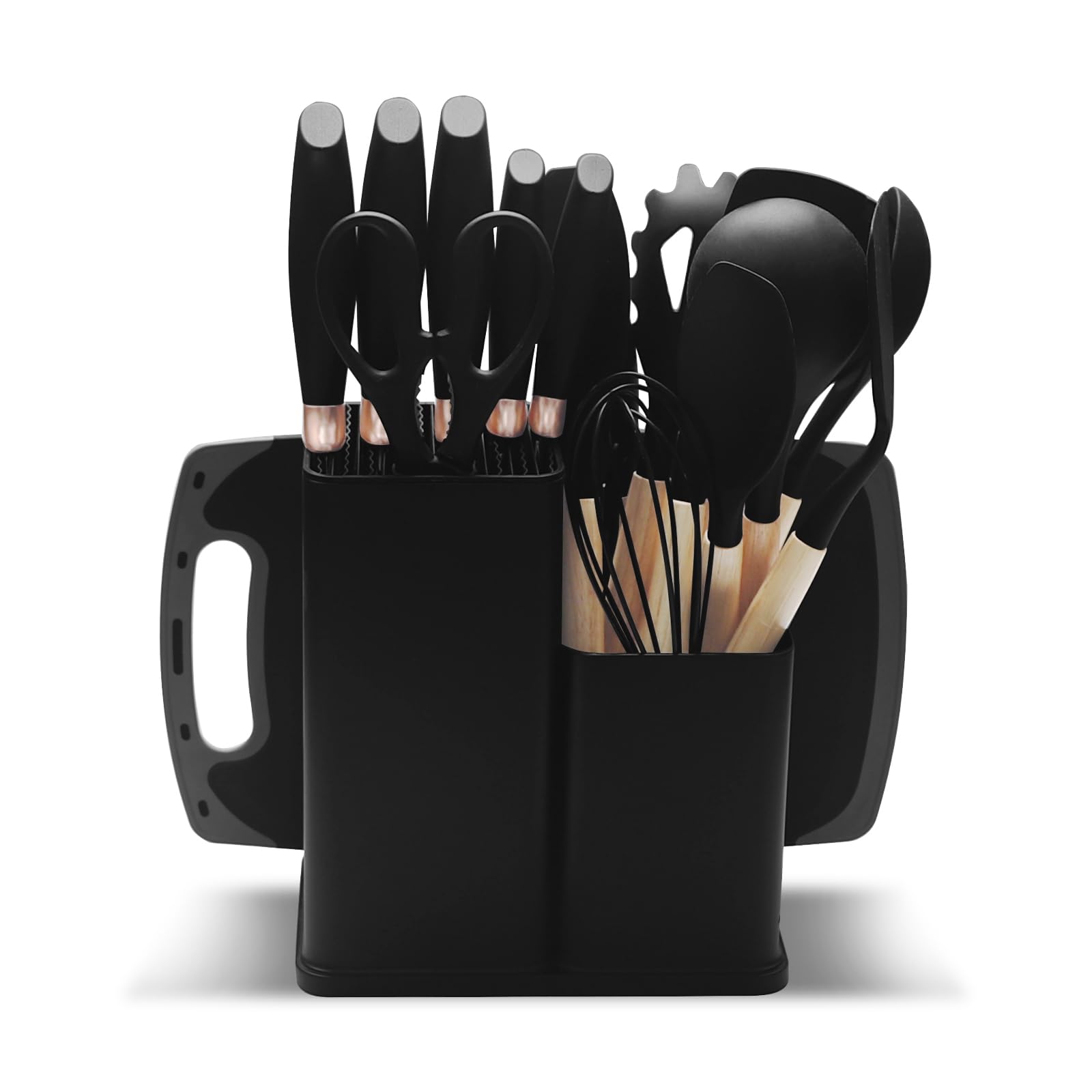 Set Couteaux de Cuisine 19 pièces avec ustensiles de cuisine en silicone 5 couteaux 12 accessoires antiadhésifs 1 paire de ciseaux planche à découper et support pour cuisson sans stick (Noir)