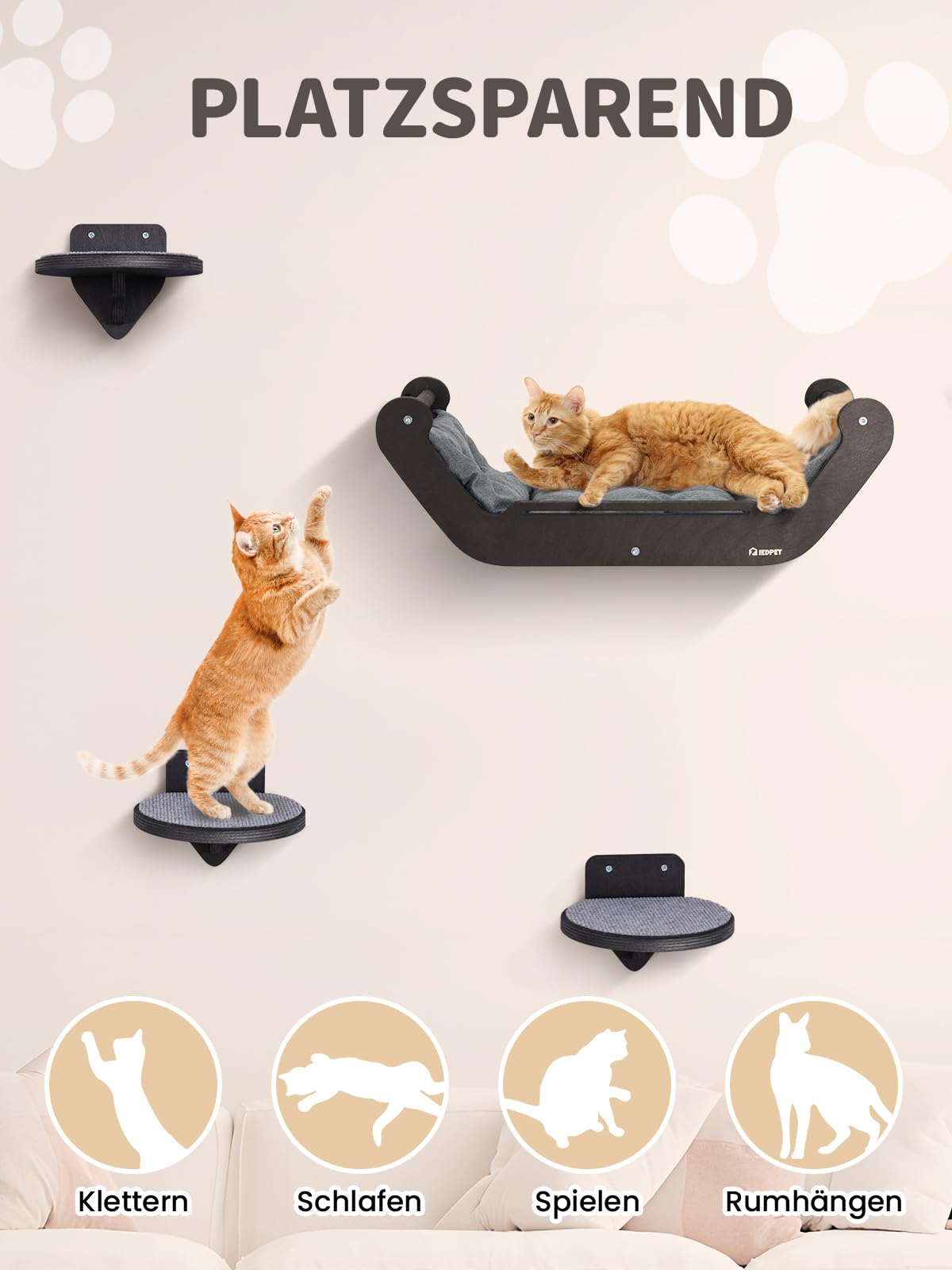 Kletterwand Katzen Set mit Katzenbett und Katzentreppe, Katzenmöbel aus Holz, Katzen Wandelemente Multifunktional zum Schlafen, Spielen und Klettern