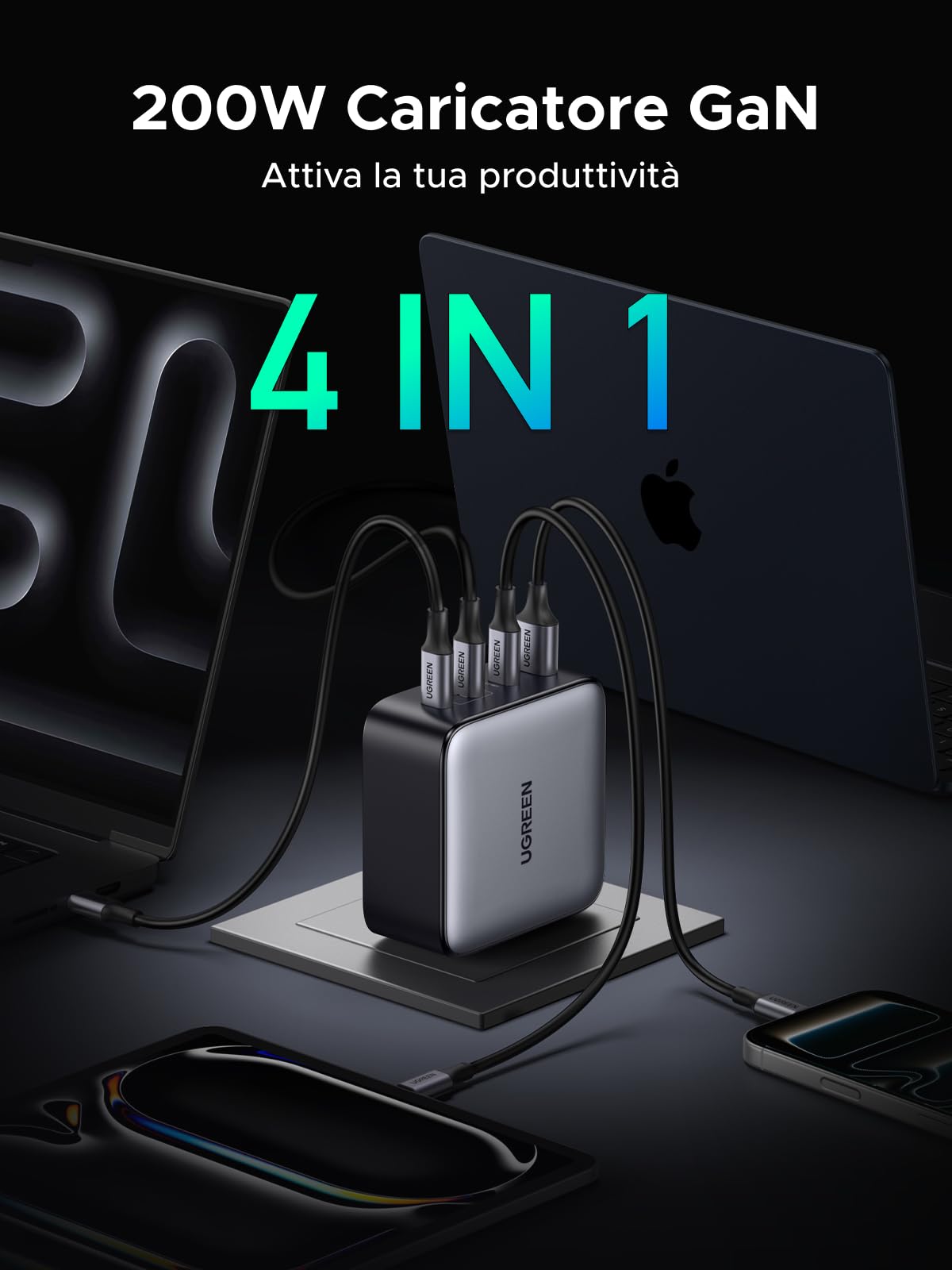 UGREEN Nexode 200W Caricatore USB C Ricarica Rapido GaN Alimentatore | 4 Puertos, PD 3.1, PPS 45W, Compatibile con iPhone 17 Pro Max Air 16 15 14 13 12 Galaxy S26 Ultra Pixel iPad MacBook M4 M3