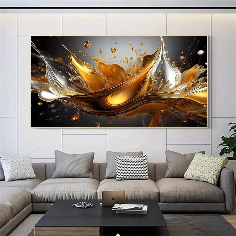 Tableau écoulement de liquide doré pour illuminer un salon sombre ou grand mur vide 60x110