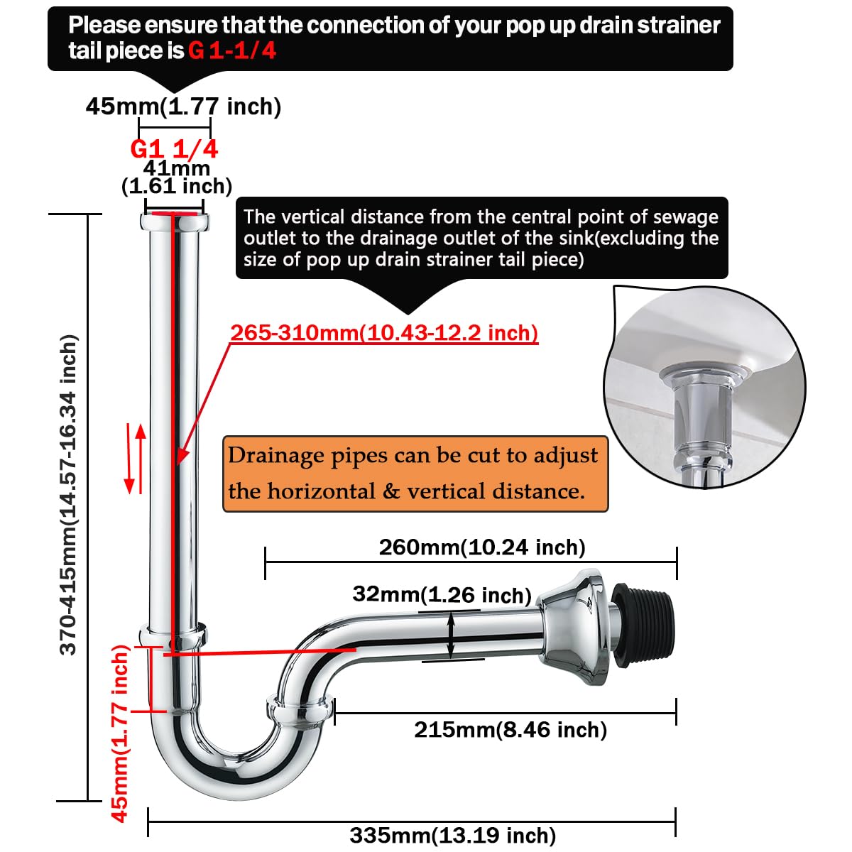 RANDOM RD83555C-L - Trampa para fregadero de baño de latón en forma de U de 1-1/4 pulgadas con tubo de extensión de junta deslizante, botella de drenaje de residuos de altura ajustable, kit de trampa