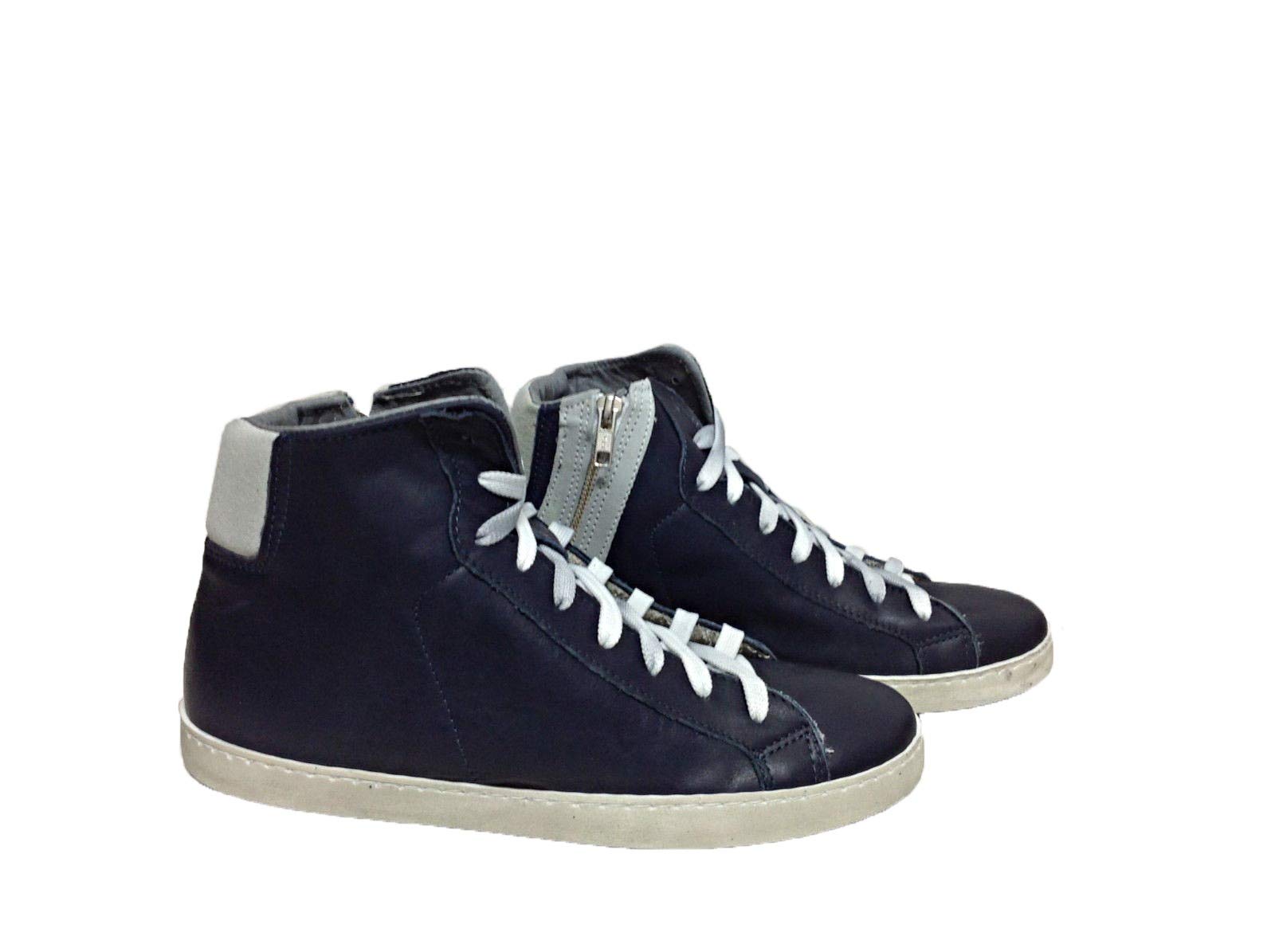 VIA CONDOTTI Scarpe Sneakers Alte Uomo Pelle Blu Ghiaccio Made in Italy Bicolor