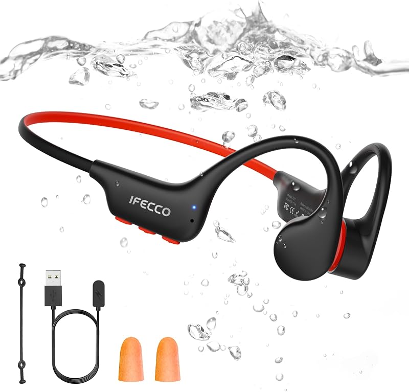 IFECCO Auriculares Conduccion Osea Natacion - IP68 Resistente al Agua Auriculares para Nadar Bluetooth 6.0,Cascos Conduccion Osea con 8G Mp3 para Natacion Correr Ciclismo