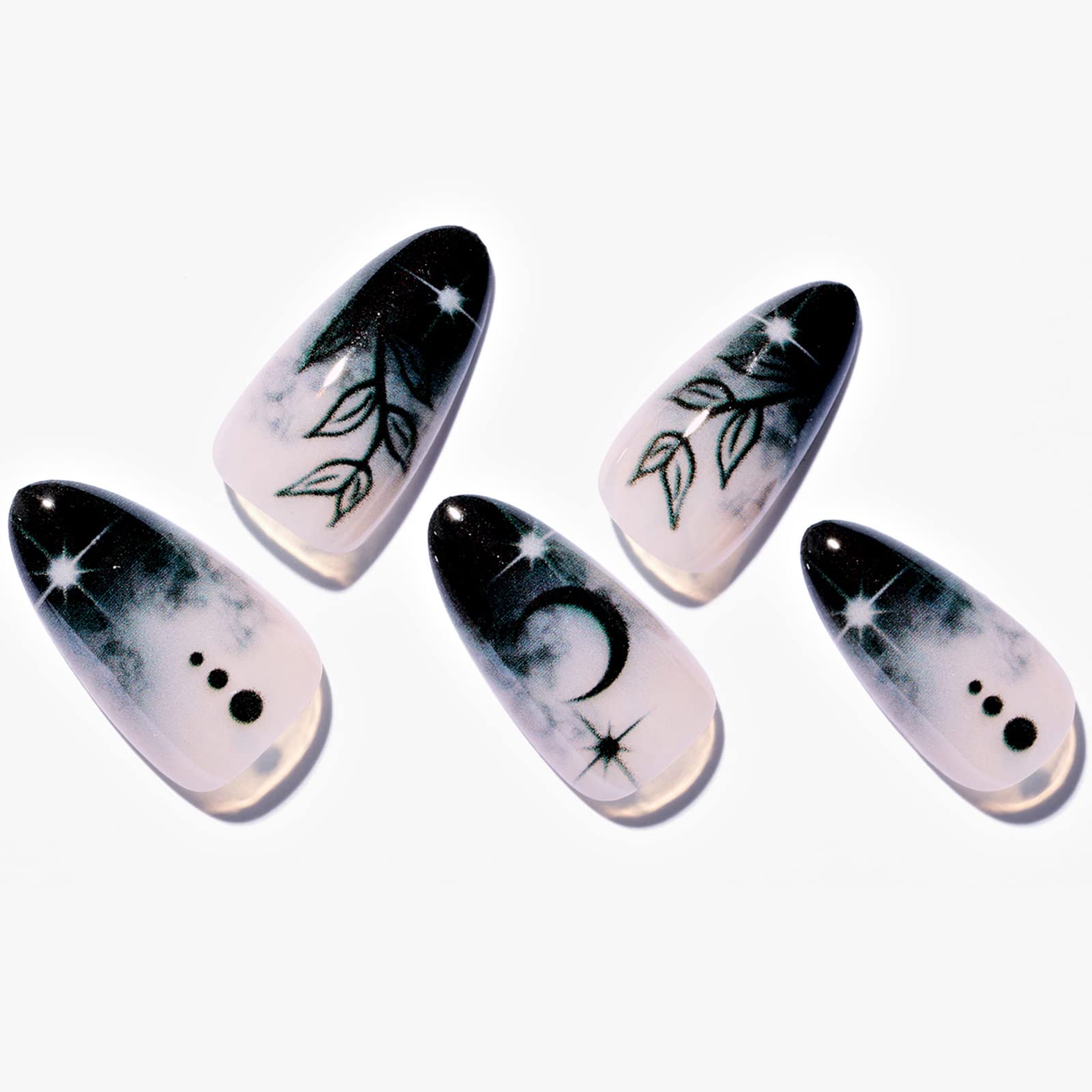 GLAMERMAID Press on Nails Medium Almond, Gothic Black Ombre French Tip Gel Glue on Nail, Glossy Short Stiletto Reusable UV Finish Fake Nails Acrylic False Nails Manicure Kits for Women