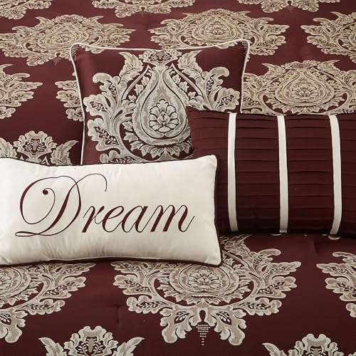 LANCO MODERN LIFESTYLE Burgundy California King Comforter Set 7 Pieces, Jacquard Woven with Damask, Bedding Set in a Bag Includes Comforter, Bed Skirt, Pillow Shams, and Decorative Pillows by LANCO MODERN LIFESTYLE - Used condition - Image 5