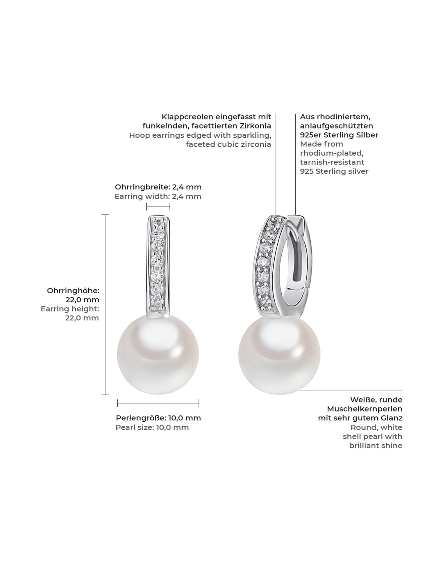 Orecchini a cerchio con clip da Donna in Argento Sterling 925 con Zirconia Perle organiche
