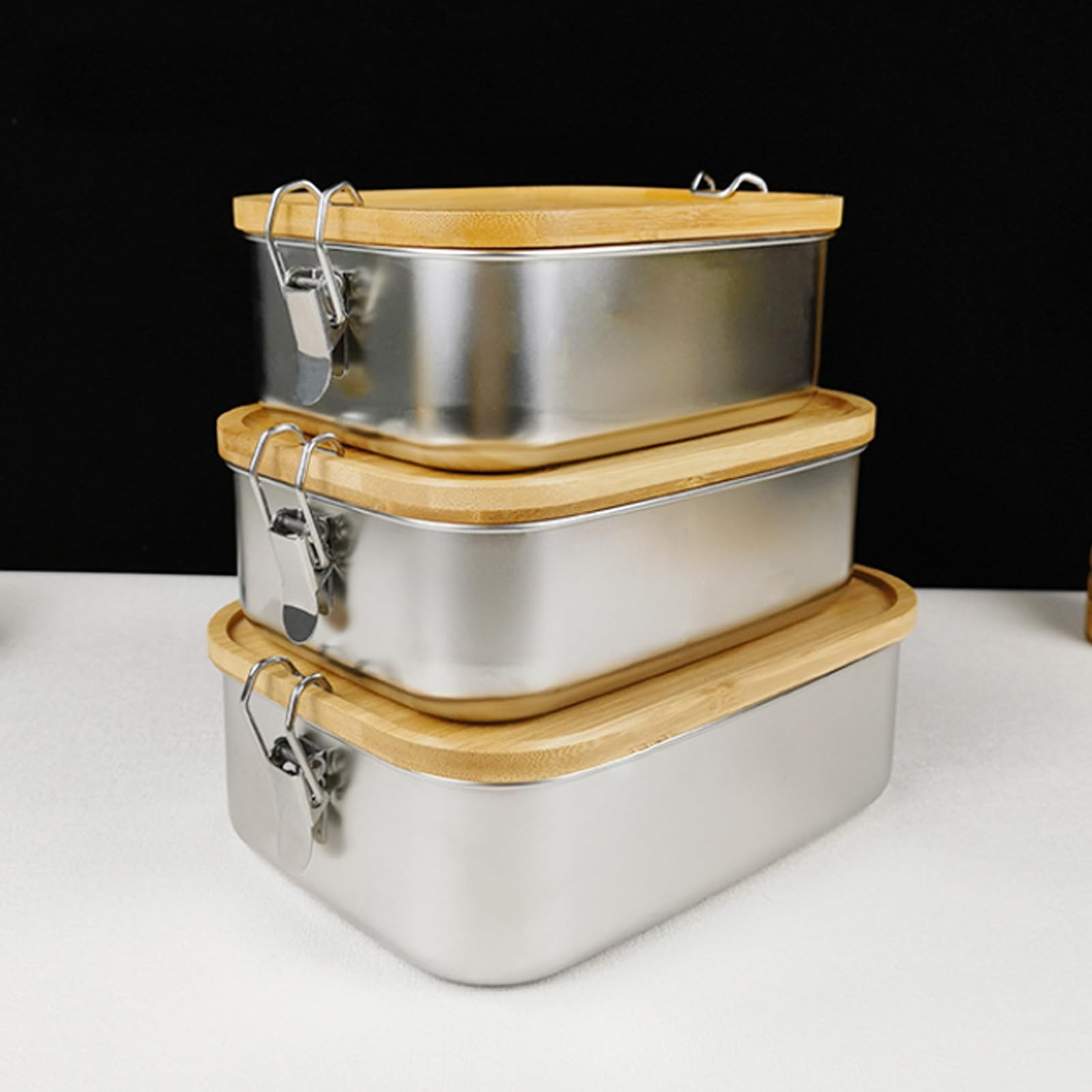 Bento Lunchbox voor volwassenen en kinderen, roestvrij staal, broodtrommel met 2 vakken/3 vakken, metalen doos met houten deksel, BPA-vrij, metalen brooddoos, ontbijtbox voor school/uitstapjes (1200