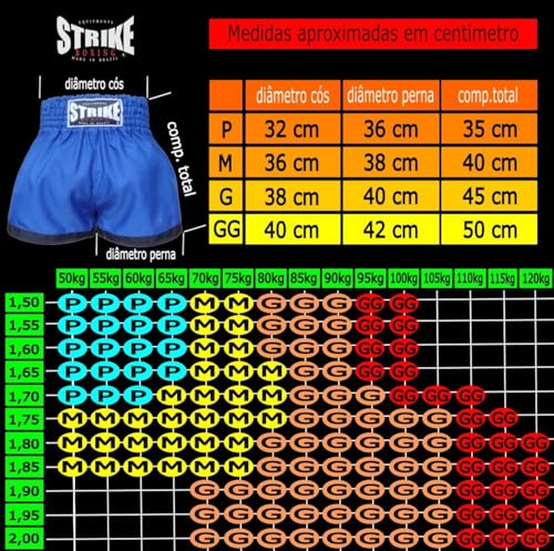 Shorts Muay Thai Strike Boxing Bermuda Calção Modelo Tailandês Bordado (azul bordado, M)