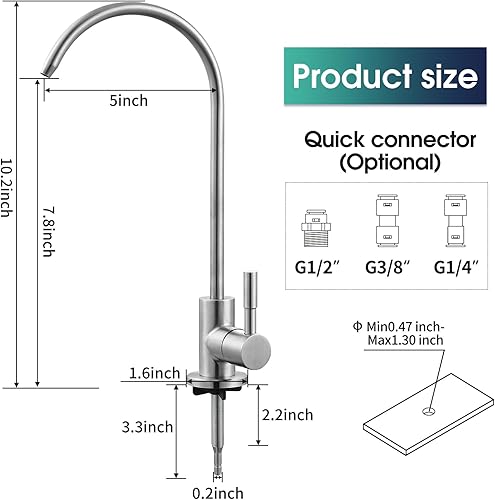 Miniatura 7 de Grifo de agua potable níquel cepillado SUS304 Grifo de filtro de agua de cocina de acero inoxidable, grifo de agua de ósmosis inversa sin plomo
