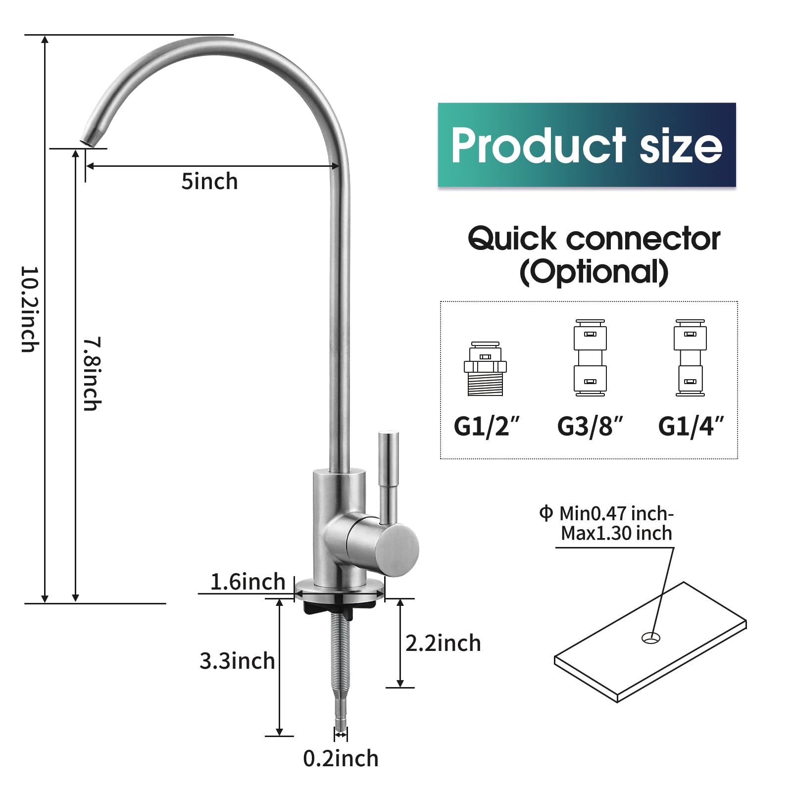 Grifo de agua potable de níquel cepillado SUS304 de acero inoxidable para cocina, grifo de filtro de agua de ósmosis inversa sin plomo
