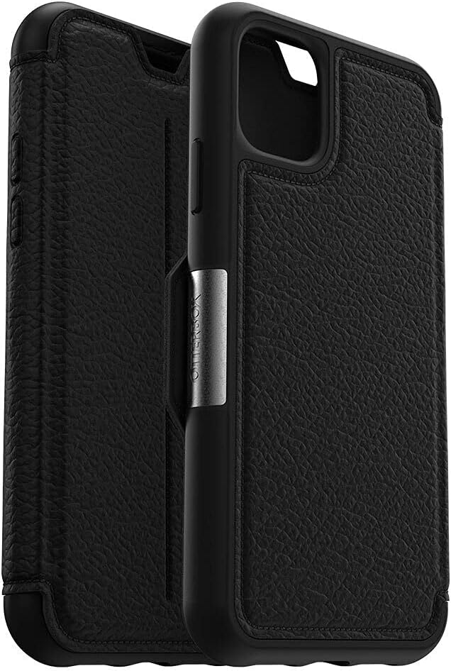 OtterBox Strada Series Case for iPhone 11, side view with folio cover open, showing the phone being inserted.