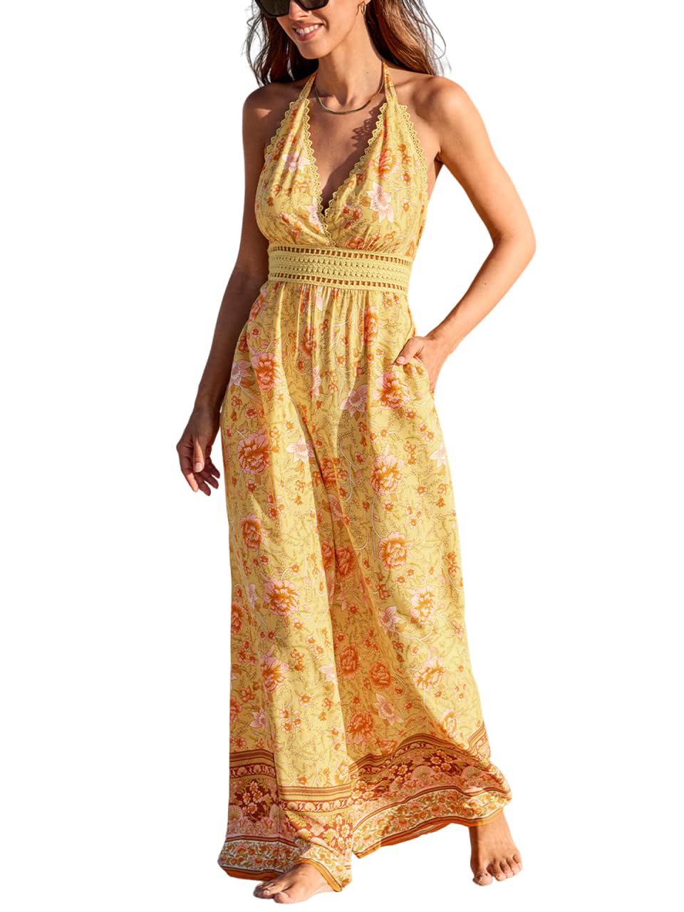 CUPSHE Overol de verano para mujer, floral, halter, bohemio, con encaje, corte de pierna ancha, sin espalda, sin mangas, con bolsillos